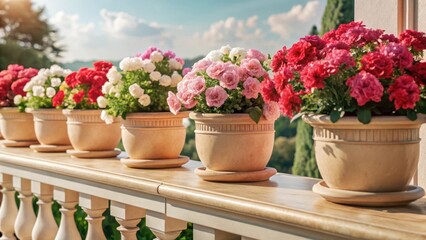 Obraz premium A beautiful arrangement of flowers in decorative pots adds a touch of elegance to a serene balcony