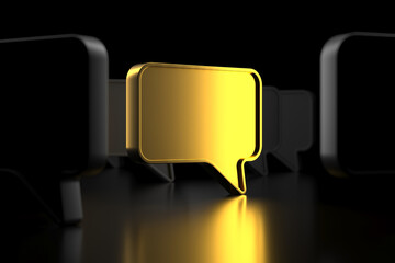Glowing gold speech bubble on black background for communication and design .3d render