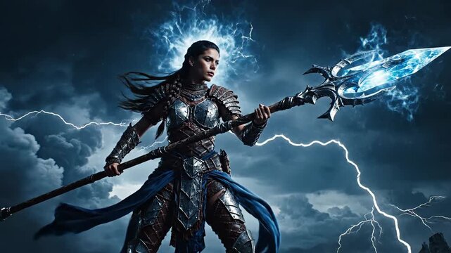 Powerful Female Warrior with Glowing Spear Amidst a Lightning Storm.