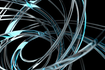 Abstract swirling glassy tubes with cyan highlights for modern decoration. 3d render