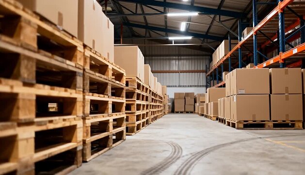 Warehouse stock storage with palletized boxes and industrial racking shelves awaiting shipment, inventory.