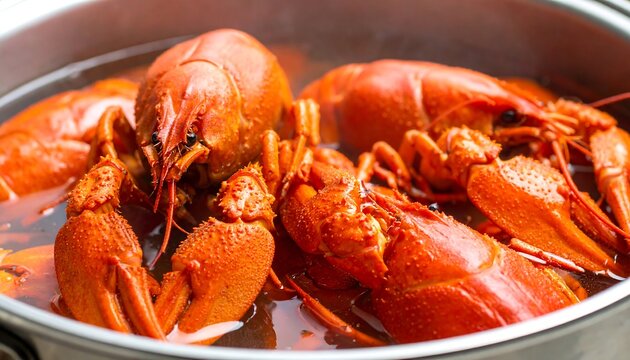 Close-up view of cooked crawfish submerged in a metal pot with liquid. Their shells are bright red, and the cooking liquid has a reddish hue