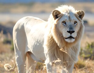 A majestic lion with creamy white fur and a golden mane stands proudly in a sunny grassy field. Its gaze is directly at the viewer