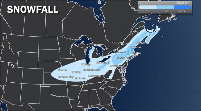 USA Snowfall Forecast Map Showing Winter Storm Snow Accumulation Across Midwest and Northeast Regions