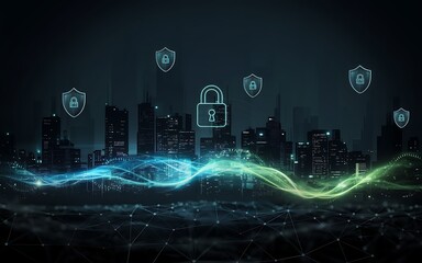Digital Smart City Cybersecurity Network with Floating Shield Icons Background