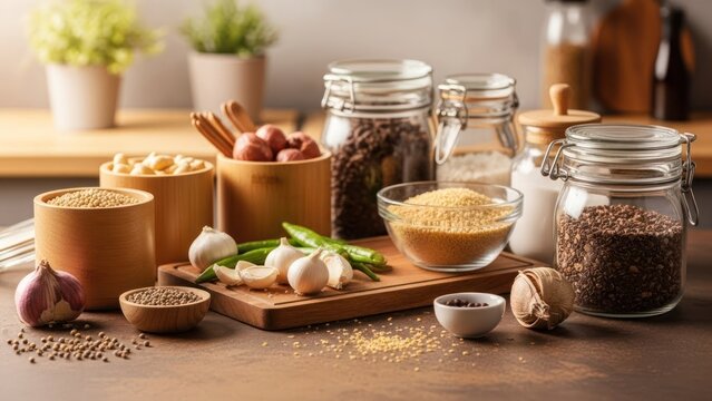 Kitchen still life of various grains, spices, and ingredients in jars, bowls, and on a board