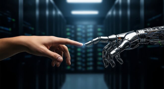 Human and robot hands reaching out to touch in a dark server room with glowing lights behind them