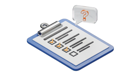 Illustration of a Clipboard With a Checklist and a Question Mark Speech Bubble Against a Transparent Background