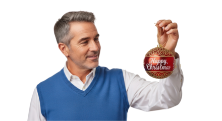 Festive man admiring "Happy Christmas" ornament with joyful smile