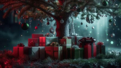 Magical Christmas Tree with Gifts in Enchanted Forest.
