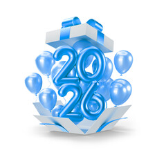 Happy New Year 2026 Blue Metallic Numbers and Balloons Bursting Out of a White Gift Box Illustration.