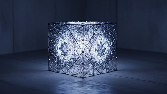 Luminescent cube composed of interwoven lines and spheres, glowing in a dim interior