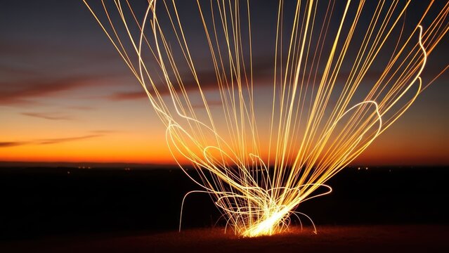 Long exposure shot of sparking light trails against a sunset backdrop