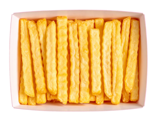 Geometric Arrangement of Crinkle-Cut Fries in Pink Box, Top-Down Symmetry, isolated