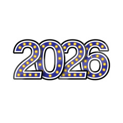 Retro Marquee Style 2026 Numbers with Glowing Yellow Light Bulbs and Blue Borders on a Gray Background.