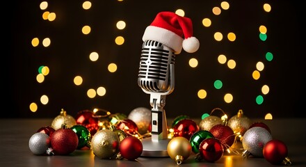 Vintage microphone with Santa hat and colorful Christmas ornaments for holiday music events
