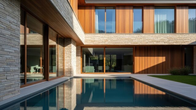 Modern luxury home with pool reflects sky and architecture, featuring stone and wood - Powered by Adobe