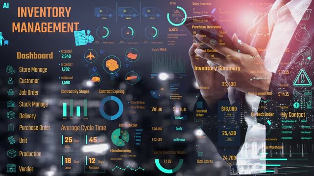 Inventory management dashboard showing supply chain performance, stock levels, order cycle times, cost reduction, and procurement ROI. Inventory tracking, and streamline warehouse efficiency. Thunk