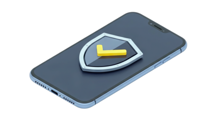 Modern Smartphone Displaying Digital Security Shield Icon With Check Mark Symbol On Dark Gray Surface Studio Lighting Isolated On Black Background