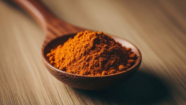 Orange turmeric powder fills a wooden spoon, set on a light-brown wooden surface