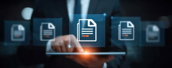 A modern hologram panel displaying report publishing and online document systems linked to a dynamic folder refining information management