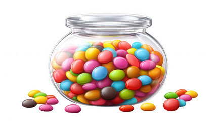 A clear glass jar filled with colorful candies and some scattered around the base on a black background on transparent background