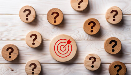 Wooden Target Icon Surrounded by Question Marks on White Rustic Wooden Background Business Concept