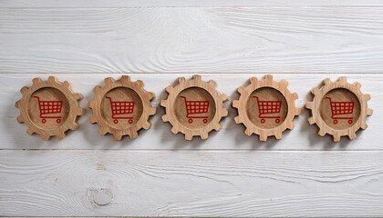 Wooden Gear Icons with Red Shopping Cart Symbols Aligned in a Row on White Rustic Background