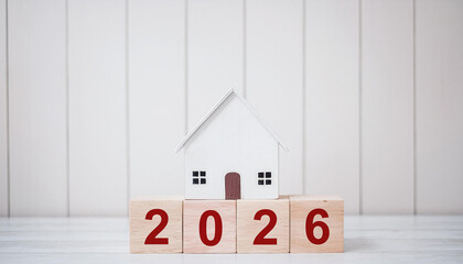 White House Miniature on 2026 Wooden Blocks with Vertical Panel Wall Background