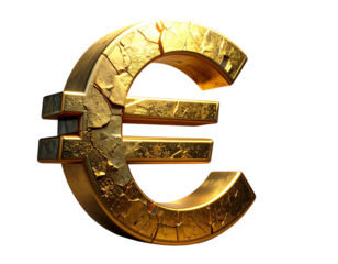 Cracked Golden Euro Sign, Matte Plastic Texture, Dynamic Side View, Isolated