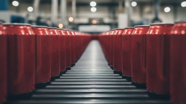 Rows of red, empty metal cans travel down a conveyor belt in a factory setting