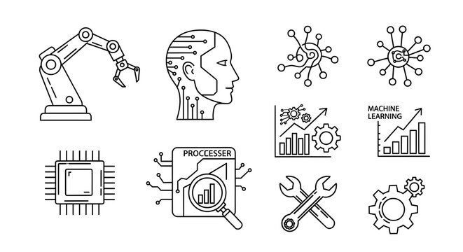 Artificial Intelligence, Robotics, and Engineering line icons set isolated on white for technology design.