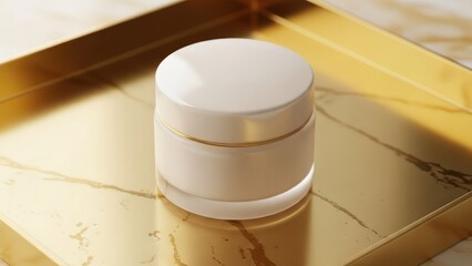 Skincare cream jar with gold trim on a gold tray with marble effect background