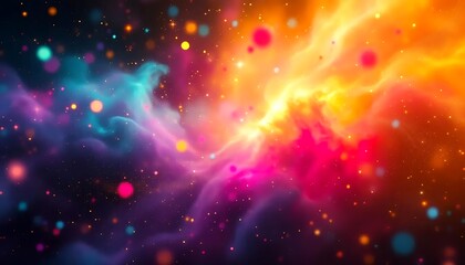Vibrant cosmic nebula swirls with glowing stars and colorful galactic dust in deep space