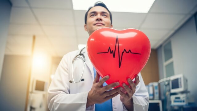 Smiling medical professional holds a red heart-shaped balloon with an ECG line
