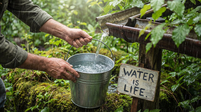 Person Collecting Rainwater in a Bucket — Water Saving Concept