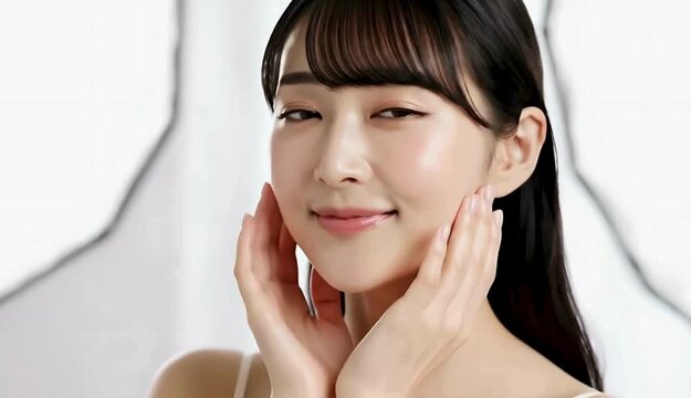 Young Japanese Woman Touching Cheeks Smiling with Glowing Skin in Studio