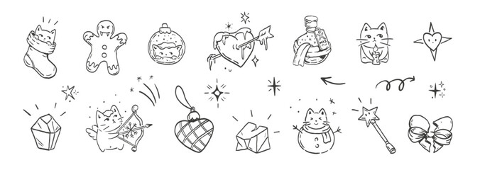 Cute Christmas doodle set with cats, ornaments, hearts, potions, crystals, bows, stars, and magical holiday elements. Hand-drawn whimsical winter icons in minimalist black line style.