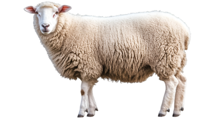 A full body portrait of a white sheep standing against a black background looking at the camera