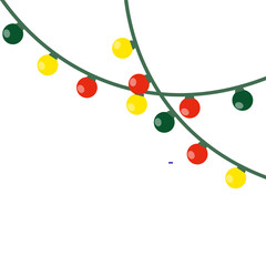 Colorful Christmas String Lights Garland Corner Border with Red, Yellow, and Green Bulbs Hanging on a Black Background.