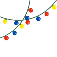Colorful Christmas String Lights Garland Border with Red, Yellow, and Blue Bulbs Hanging on a Black Background.