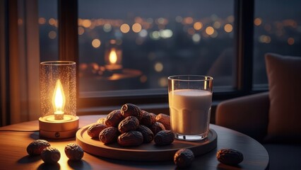Table setting with dates, a glass of milk, and a lit candle, overlooking city lights