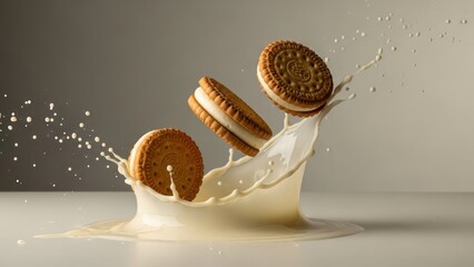 Three cookies in mid-air, surrounded by a splash of milk against a neutral backdrop