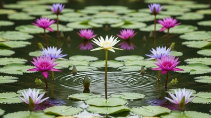 Symmetrical pond scene. Colorful lilies bloom, surrounded by pads, ripples and reflections