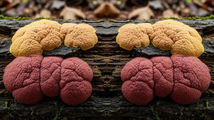 Symmetrical composition colorful slime mold clusters on textured bark