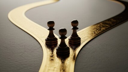Three chess pawns positioned on a golden, forking pathway, suggesting choices