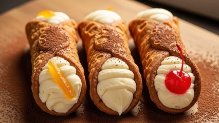 Three close-up, delicious Italian pastry cannoli, filled with cream and toppings