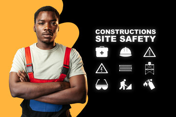 Construction worker promoting site safety with important symbols and information