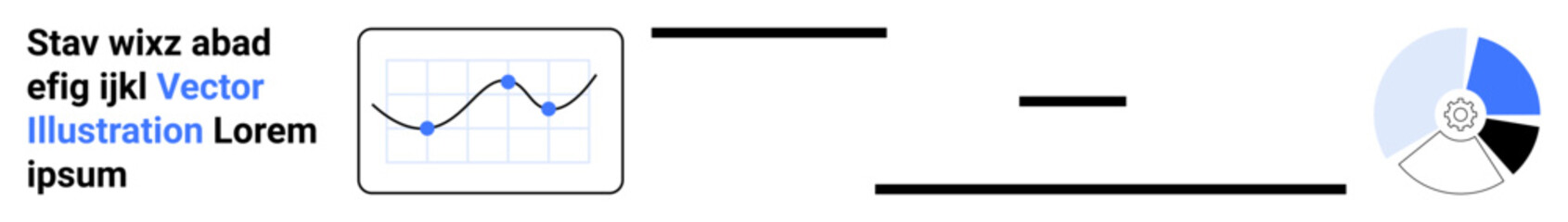 Business analysis, financial data, reporting tools, data visualization, performance metrics, market trends. Line graph with plotted points and segmented pie chart. Data visualization and business