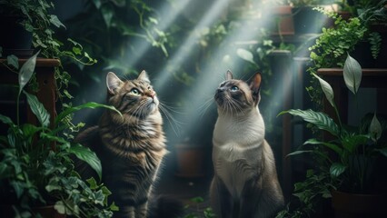 Two cats gaze upward in a sunlit indoor garden, surrounded by lush greenery and plants
